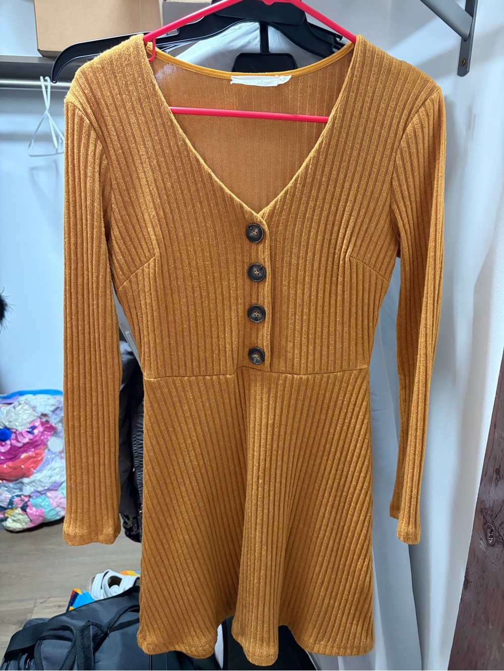 Lush Ribbed Knit Button-Front Dress in Mustard